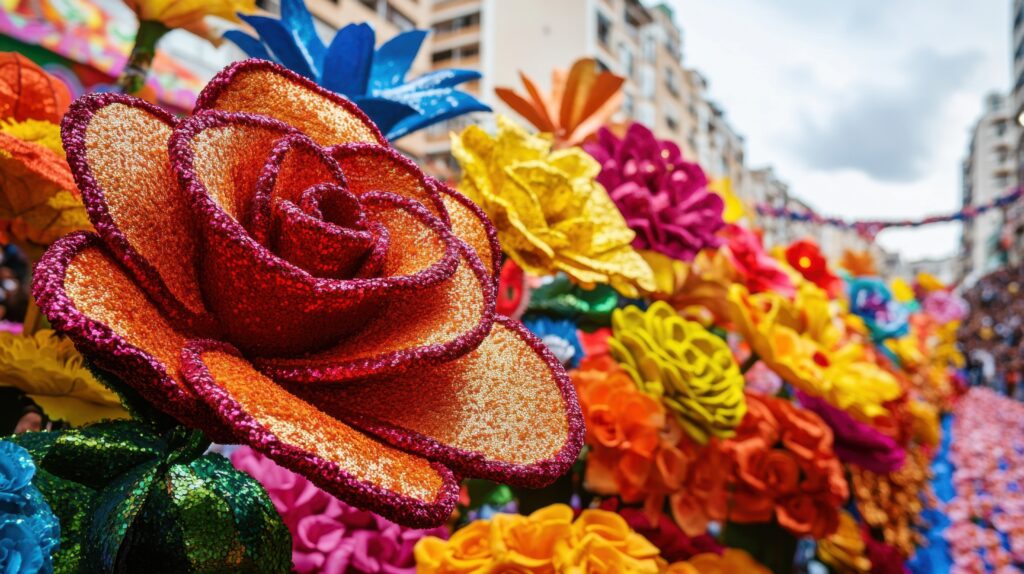 flowers on float at Rose Bowl Parade