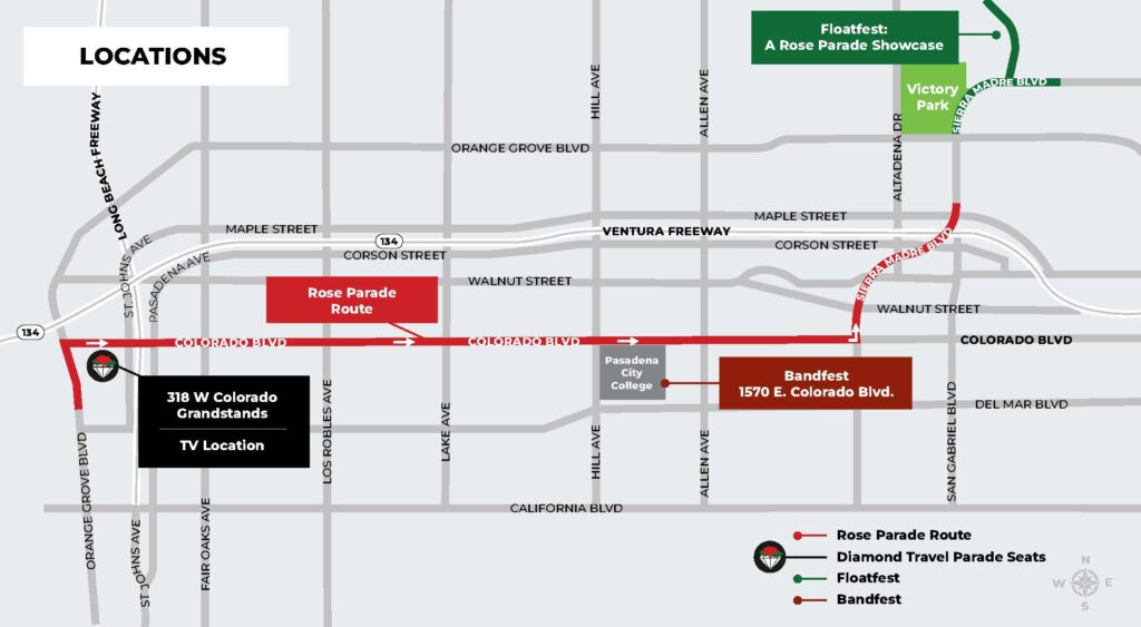 detailed map of Rose Parade route and points of interest